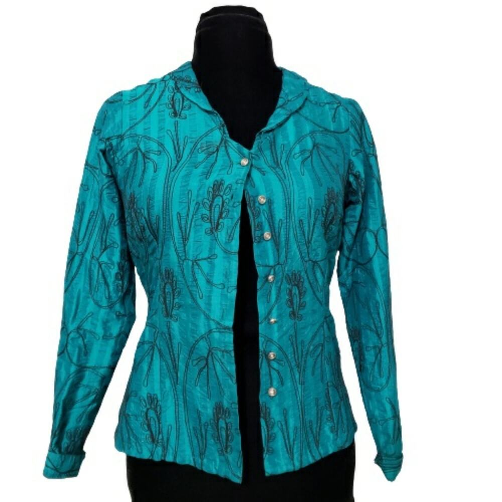Bleu Bayou Blue Black Floral Embroidered 100% Silk Button Front Blouse Small